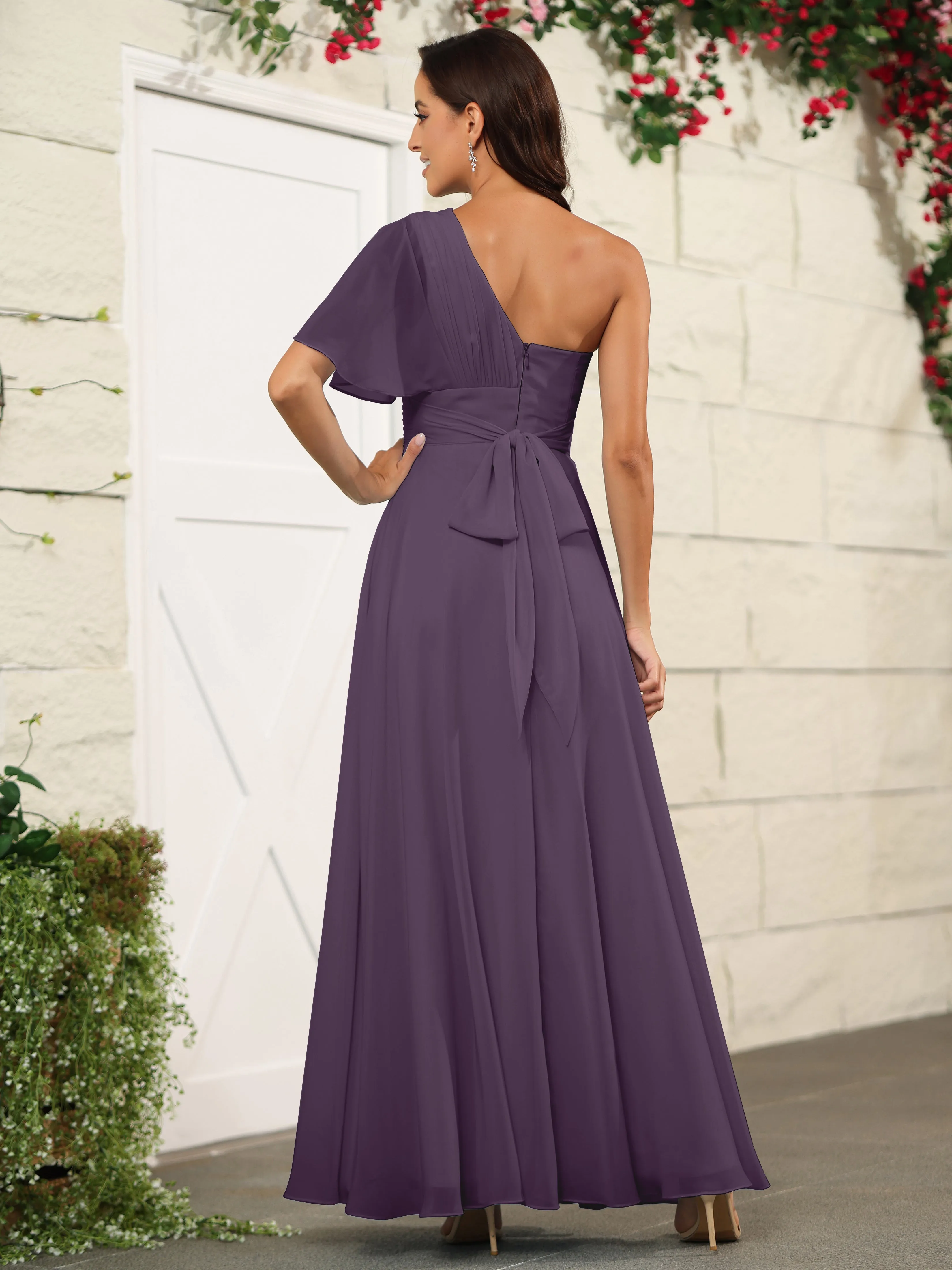 Simple One Shoulder Chiffon Floor Length Bridesmaid Dresses