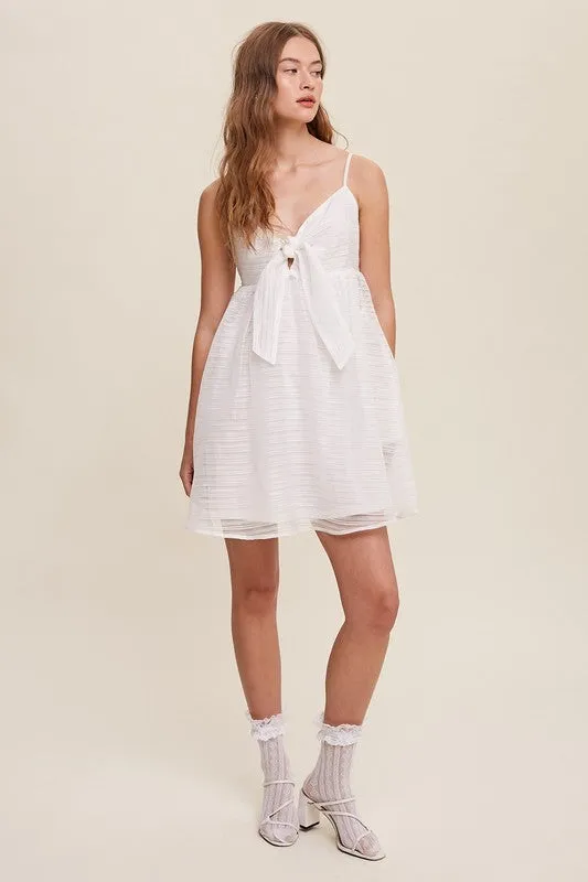 White Ribbon Bow Tie Woven Mini Dress